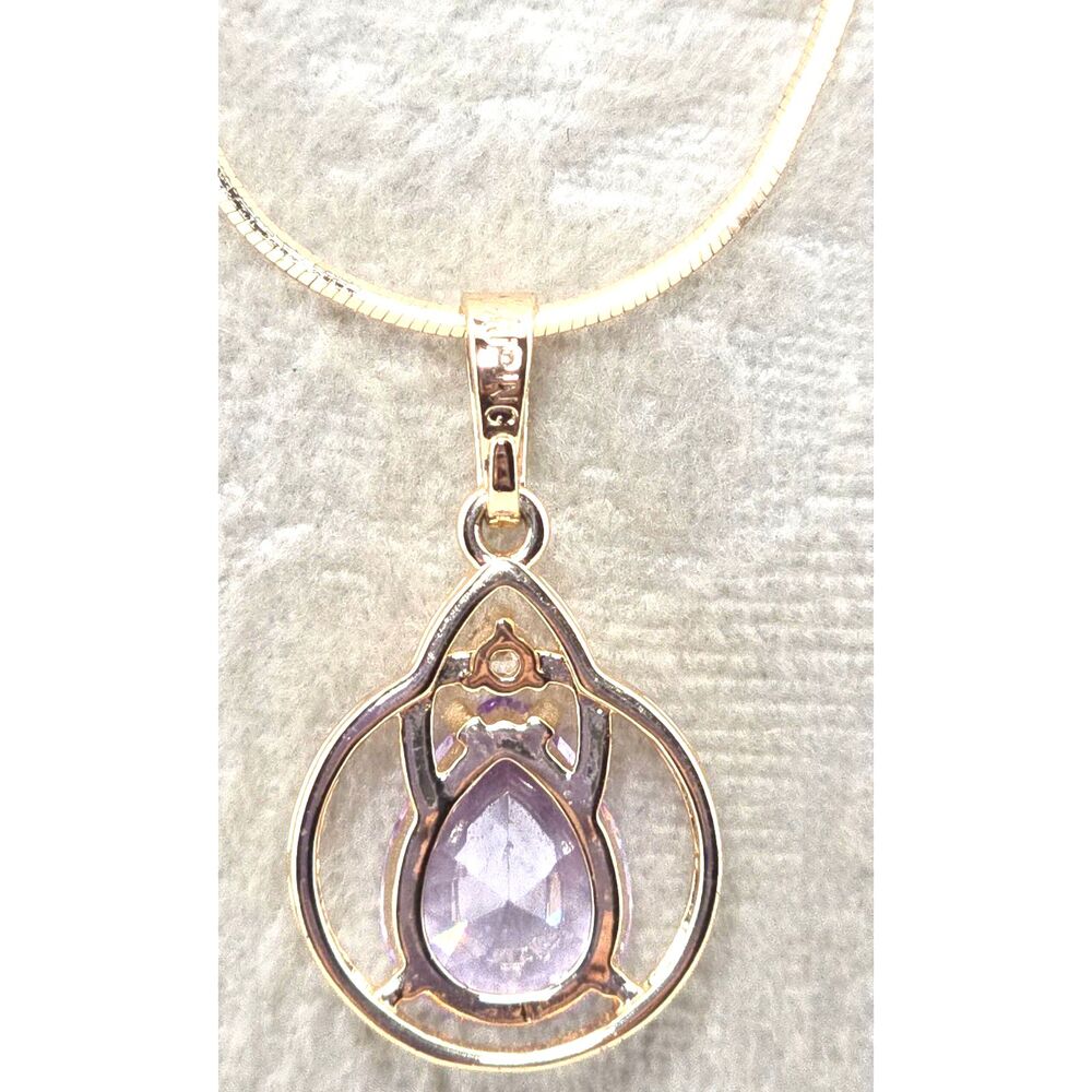 XP Gold Plated Pendant Necklace Pear Cut Glass Amethyst 19” Snake Chain Elegant - Picture 6 of 8